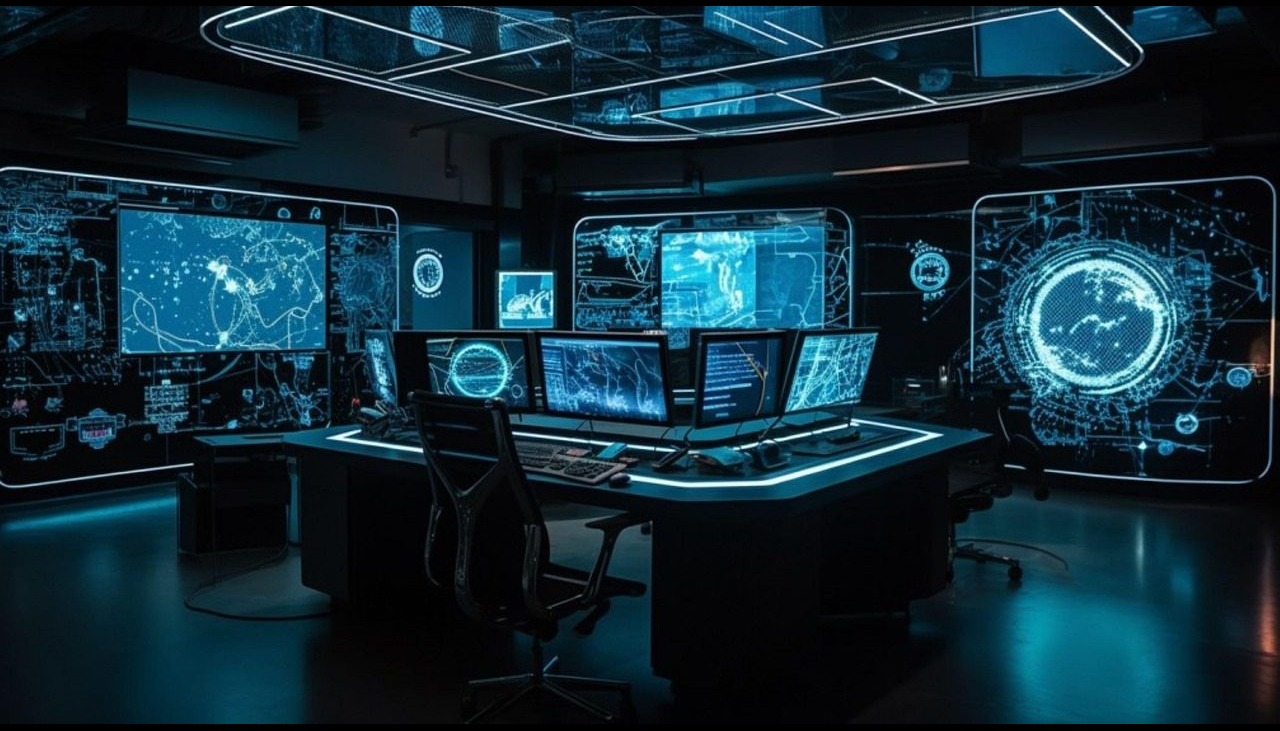 uturistic control room, technology, cybersecurity, digital interface, high-tech workspace, ai generated